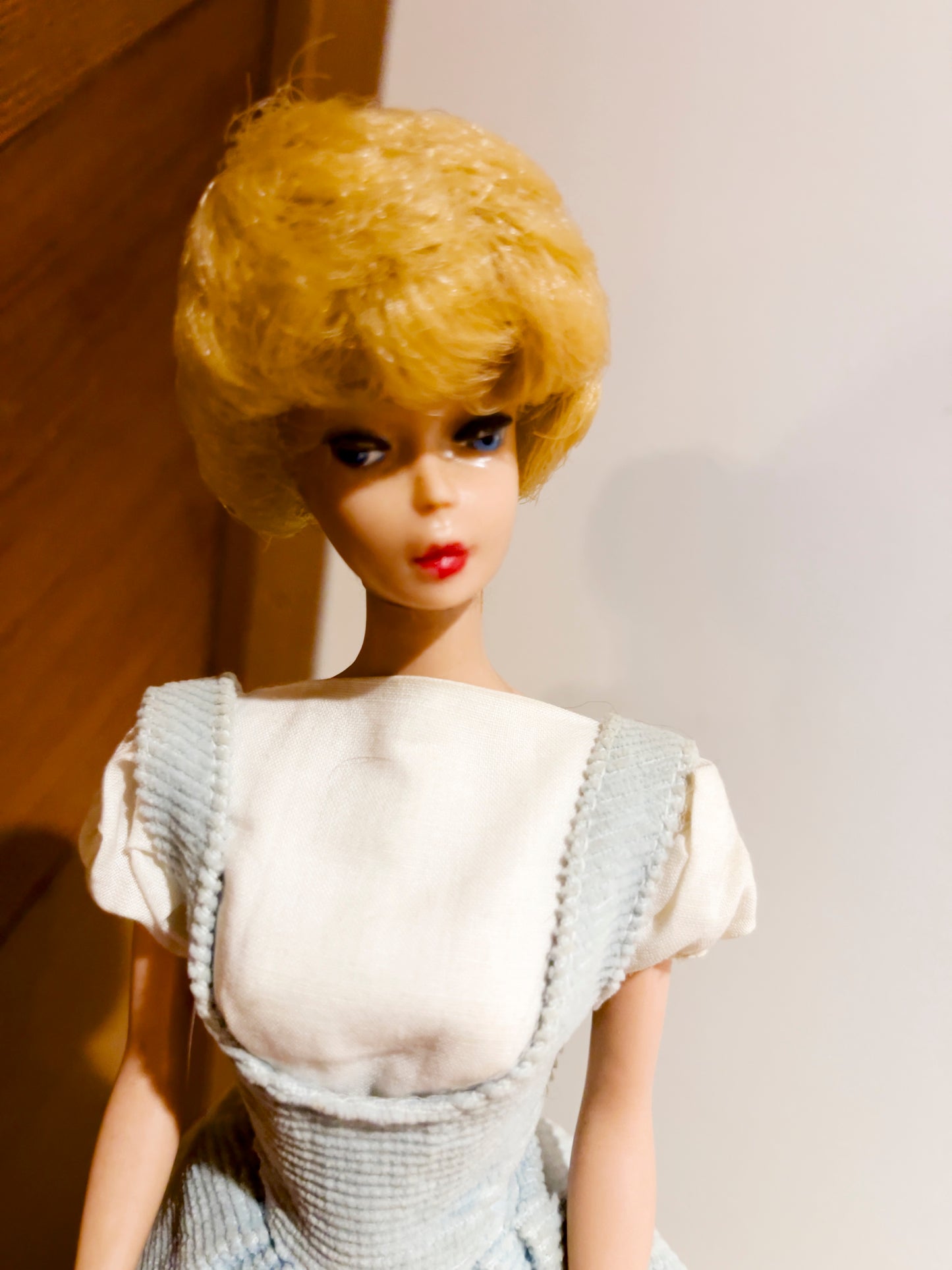 1962 Vintage Mattel 850 Blonde Bubble Cut Barbie Doll with red lips and red nails. Wearing Friday night date dress
