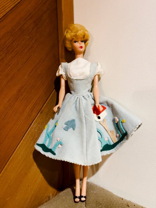 1962 Vintage Mattel 850 Blonde Bubble Cut Barbie Doll with red lips and red nails. Wearing Friday night date dress