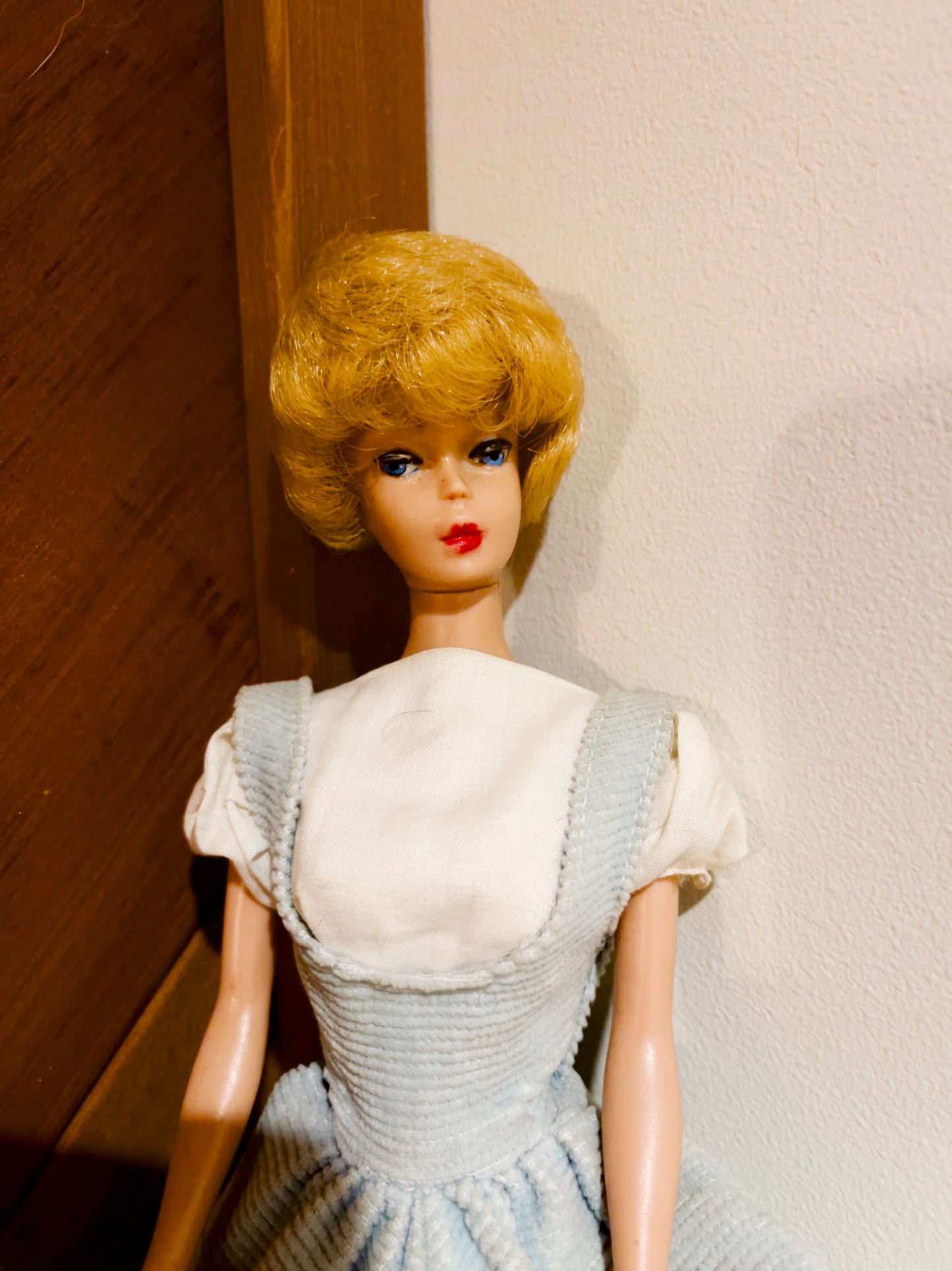 1962 Vintage Mattel 850 Blonde Bubble Cut Barbie Doll with red lips and red nails. Wearing Friday night date dress